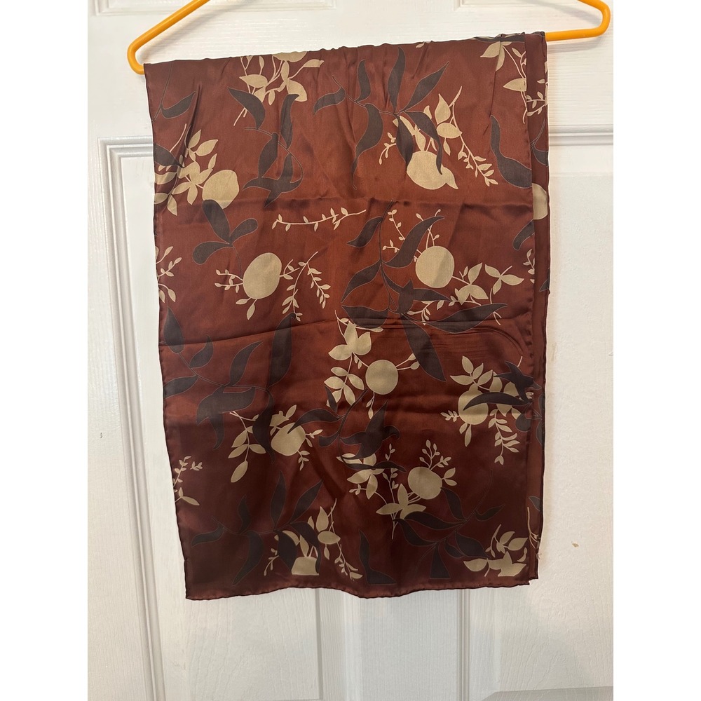 Halston Silk Scarf Brown Botanical Leaf Print Rectangular Satin Neck Scarf
